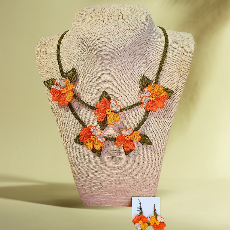 Handmade Orange and White Beaded Crochet Flower Necklace and Earring Set