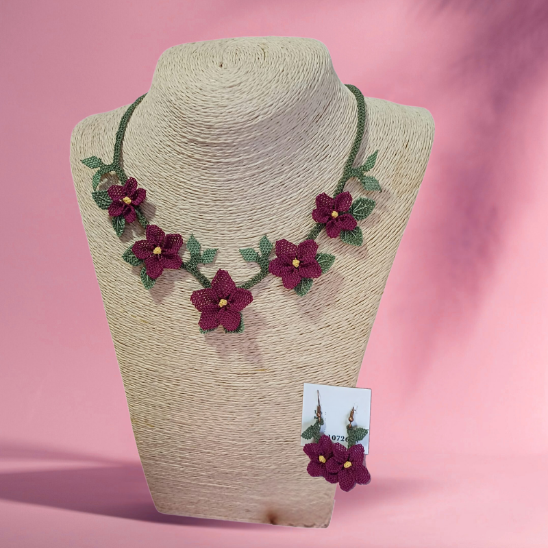Elegant Burgundy and Green Tones Oya Crochet Flower Jewelry Set