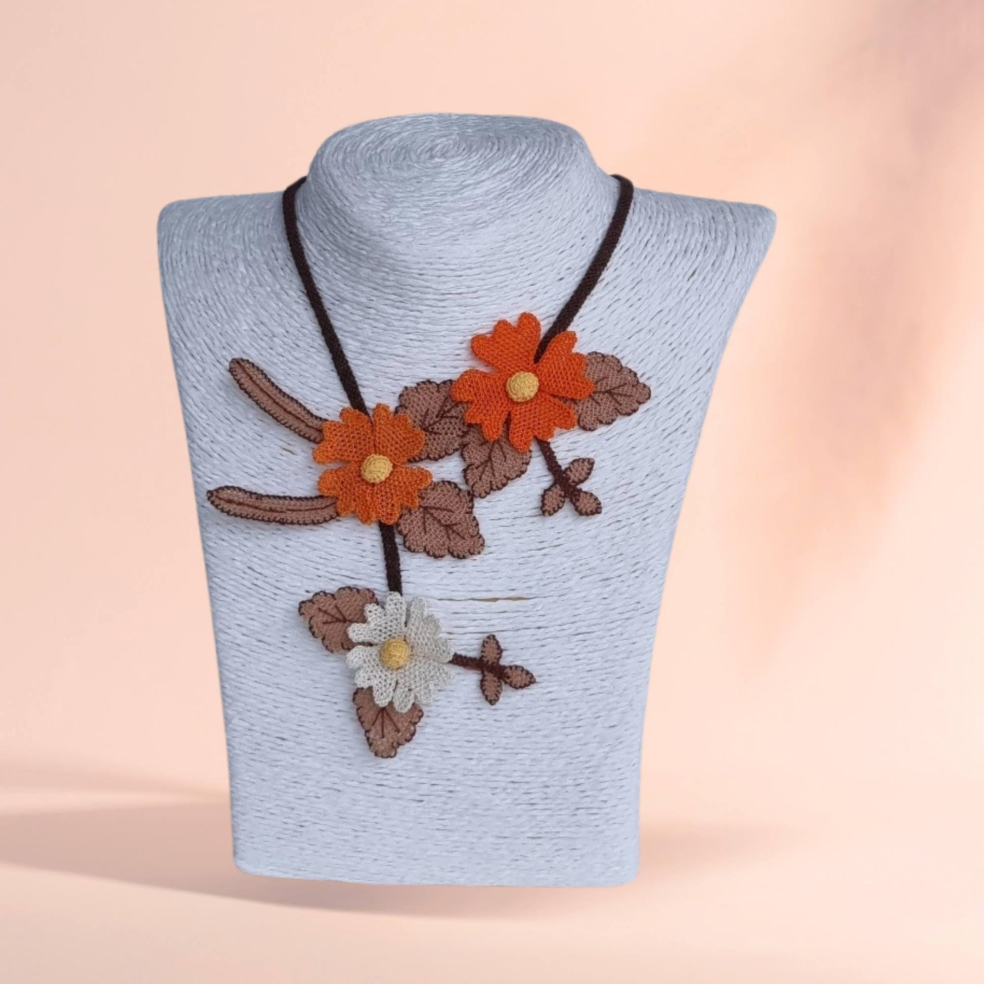 Handmade Orange & Cream Floral Necklace – Turkish Oya Crochet – Artificial Silk Jewelry – Lightweight – Unique Gift for Her