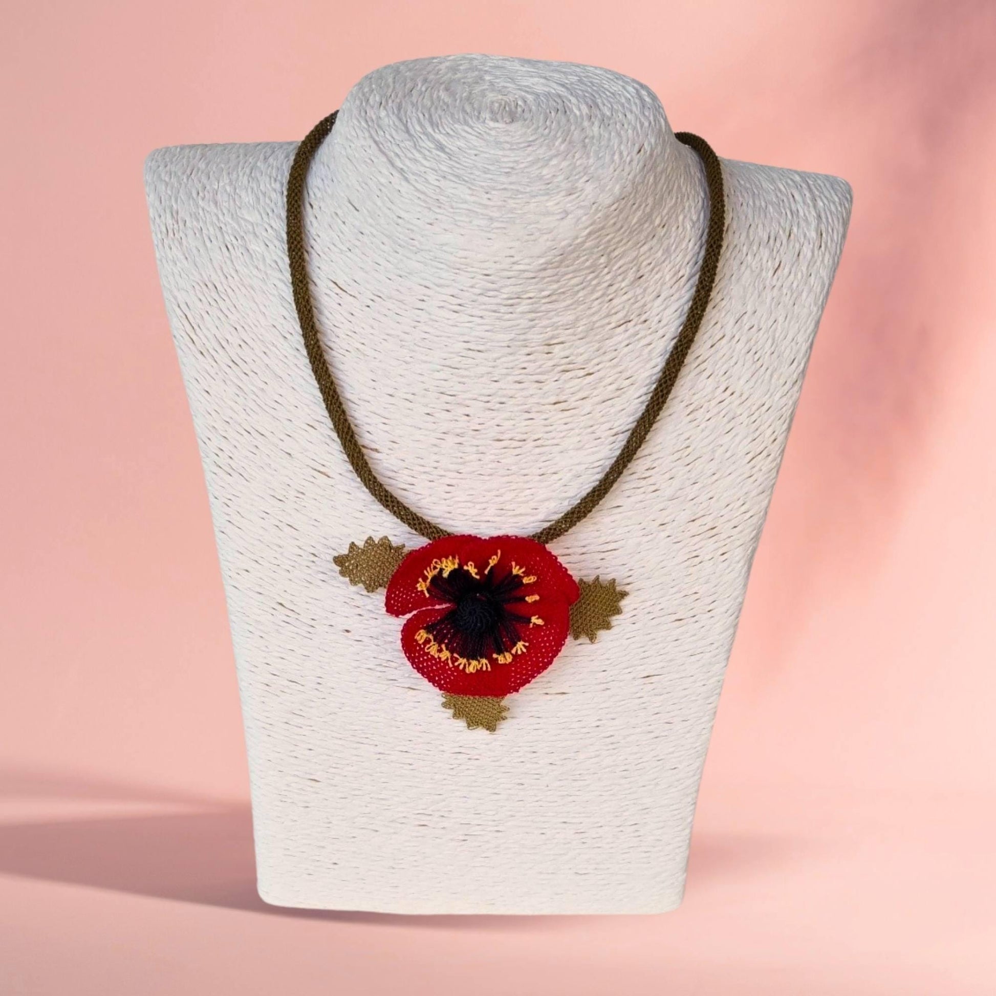 Handmade Red Floral Necklace – Turkish Oya Crochet – Artificial Silk Jewelry – Lightweight – Unique Gift for Her