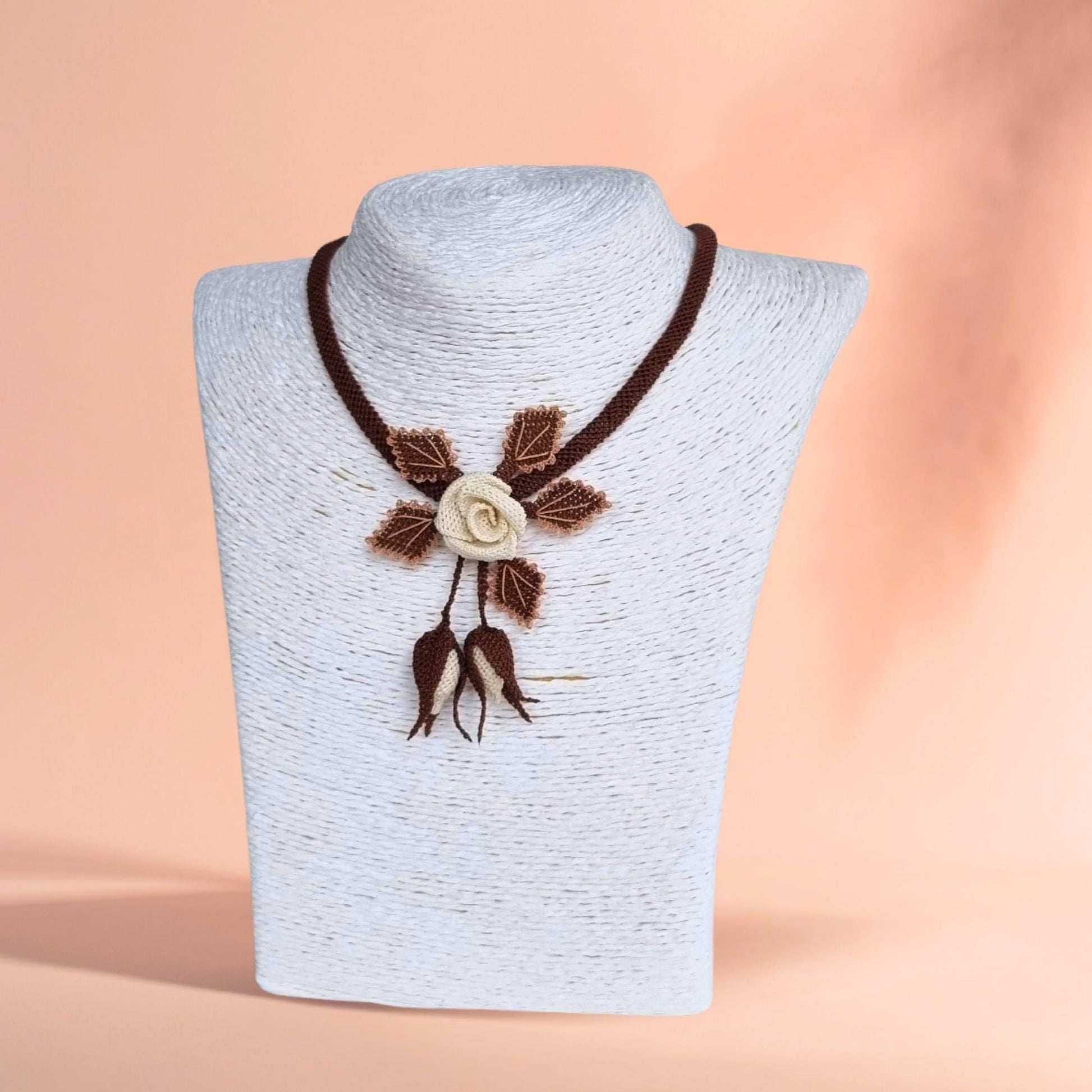 Handmade Cream Floral Necklace – Turkish Oya Crochet – Artificial Silk Jewelry – Lightweight – Unique Gift for Her