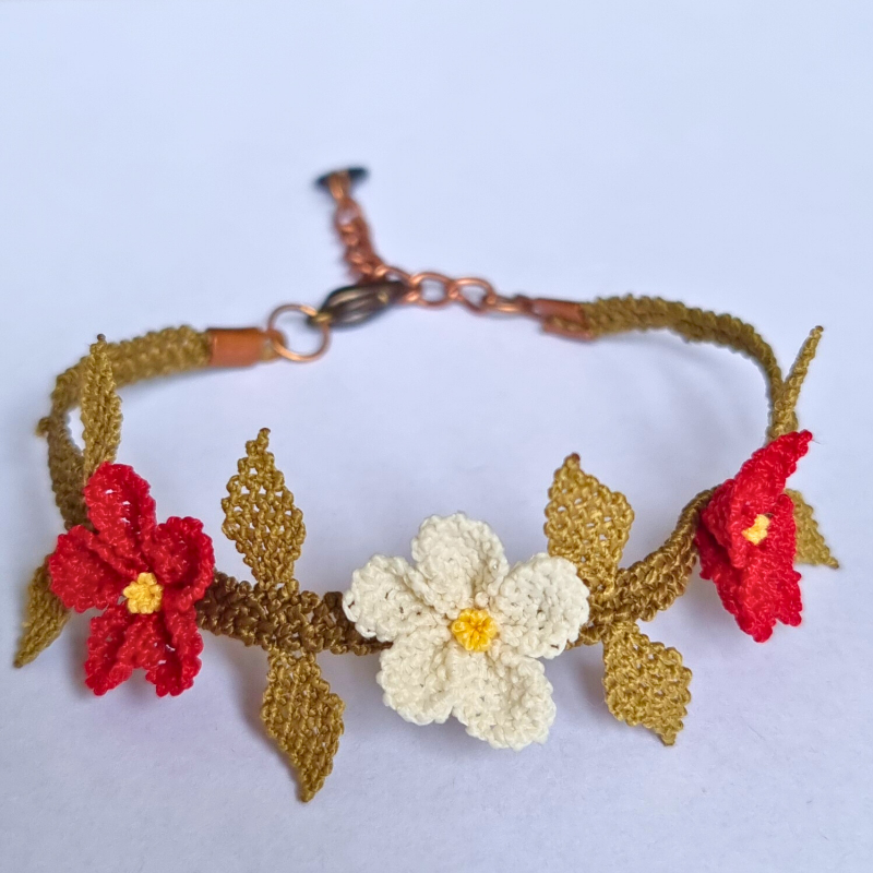 Handmade Needle Lace Floral Bracelet – Red & Cream