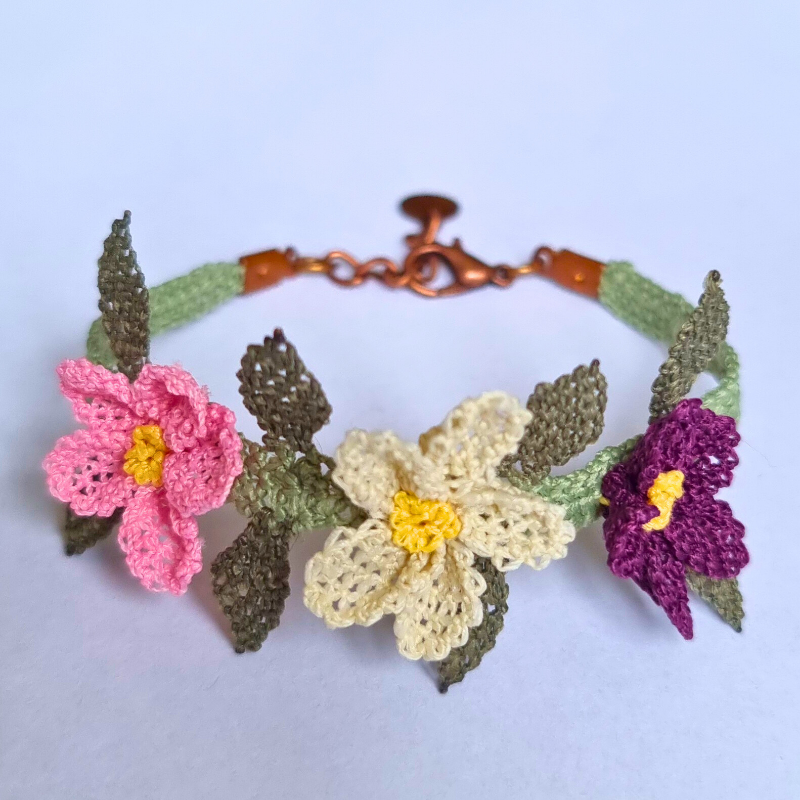 Handmade Needle Lace Floral Bracelet – Pink & Purple & Beige