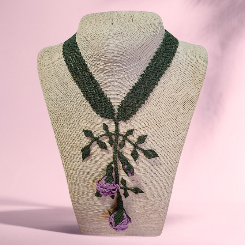 Handmade Green Leaf and Purple Flower Needle Lace Necklace