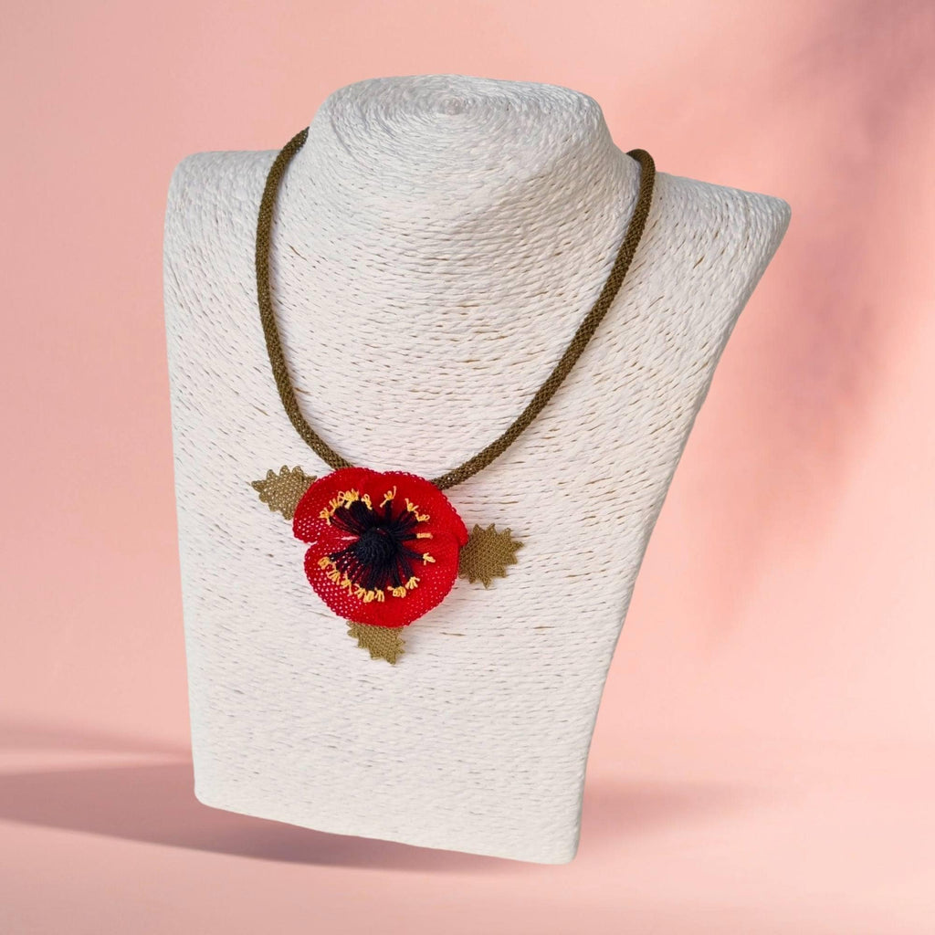 Handmade Red Floral Necklace – Turkish Oya Crochet – Artificial Silk Jewelry – Lightweight – Unique Gift for Her