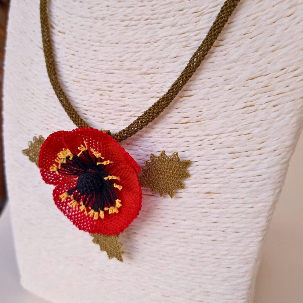 Handmade Red Floral Necklace – Turkish Oya Crochet – Artificial Silk Jewelry – Lightweight – Unique Gift for Her