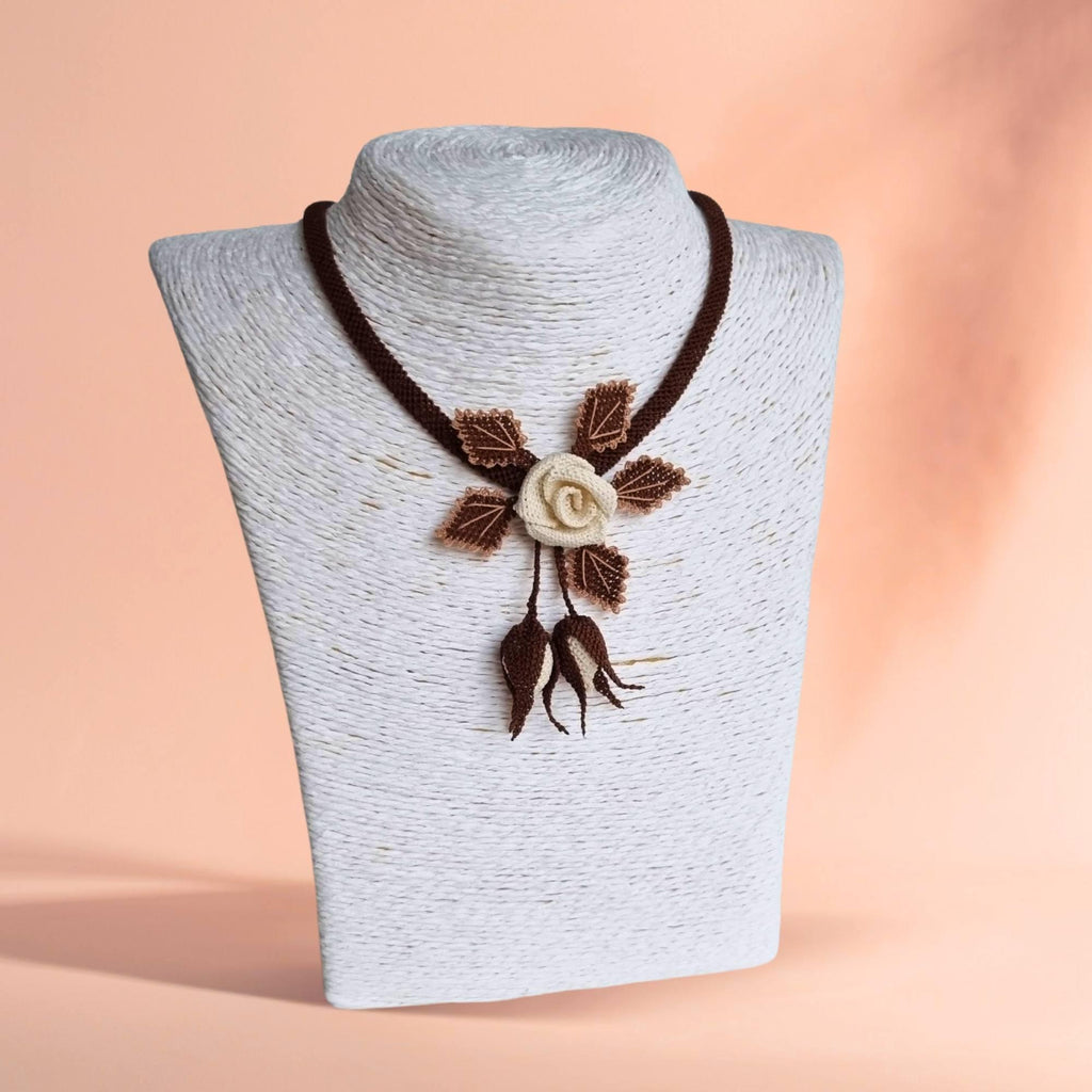 Handmade Cream Floral Necklace – Turkish Oya Crochet – Artificial Silk Jewelry – Lightweight – Unique Gift for Her