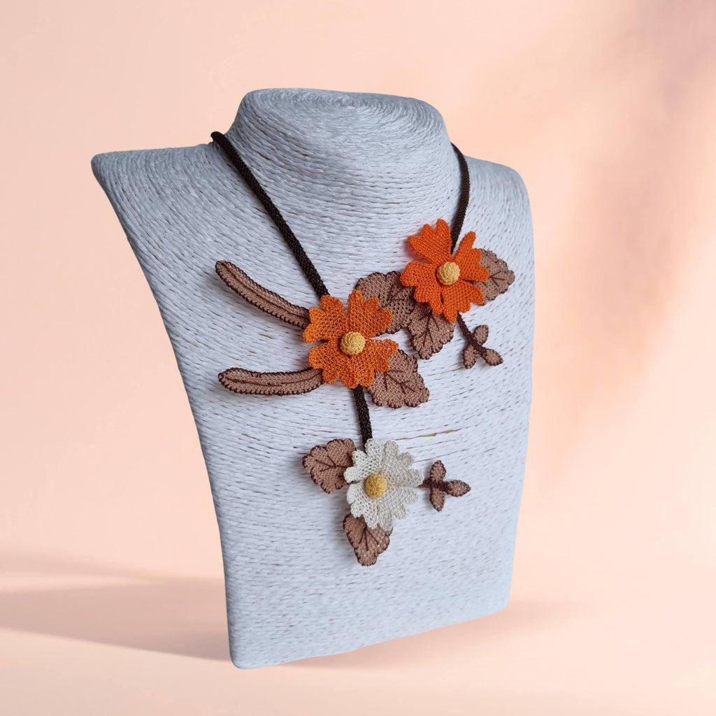 Handmade Orange & Cream Floral Necklace – Turkish Oya Crochet – Artificial Silk Jewelry – Lightweight – Unique Gift for Her