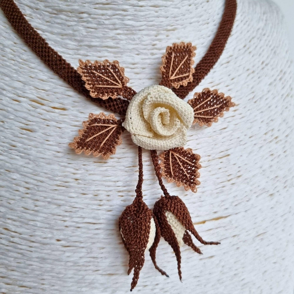 Handmade Cream Floral Necklace – Turkish Oya Crochet – Artificial Silk Jewelry – Lightweight – Unique Gift for Her