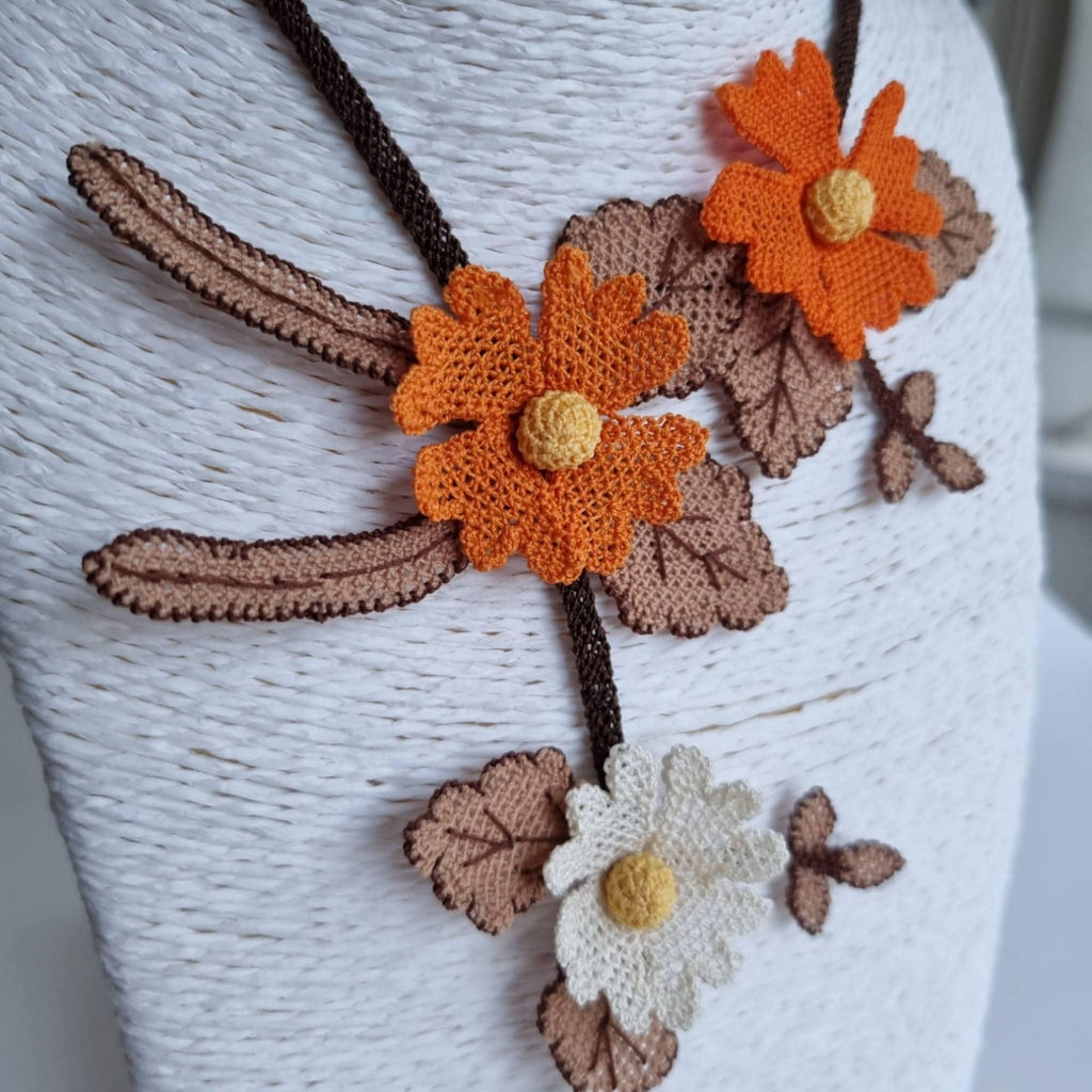 Handmade Orange & Cream Floral Necklace – Turkish Oya Crochet – Artificial Silk Jewelry – Lightweight – Unique Gift for Her