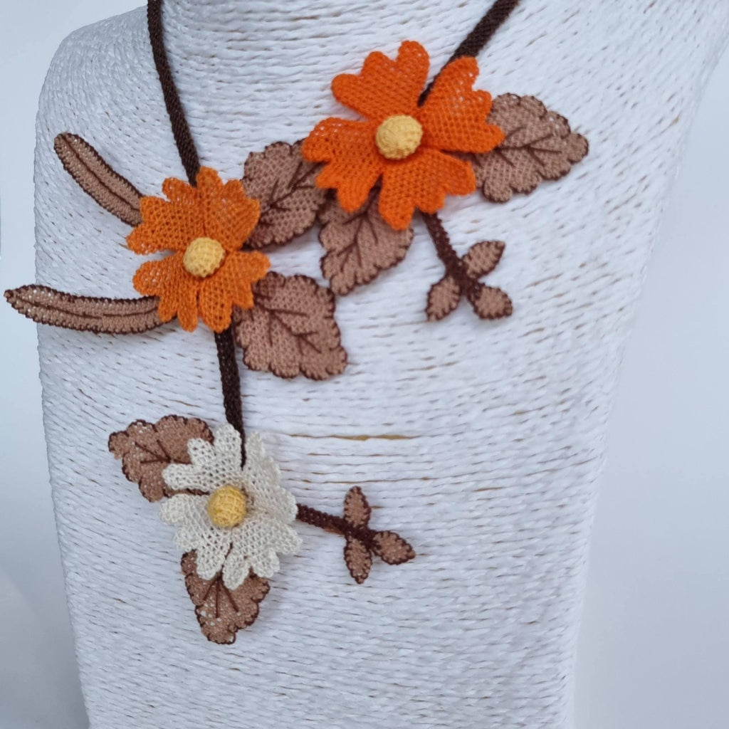 Handmade Orange & Cream Floral Necklace – Turkish Oya Crochet – Artificial Silk Jewelry – Lightweight – Unique Gift for Her