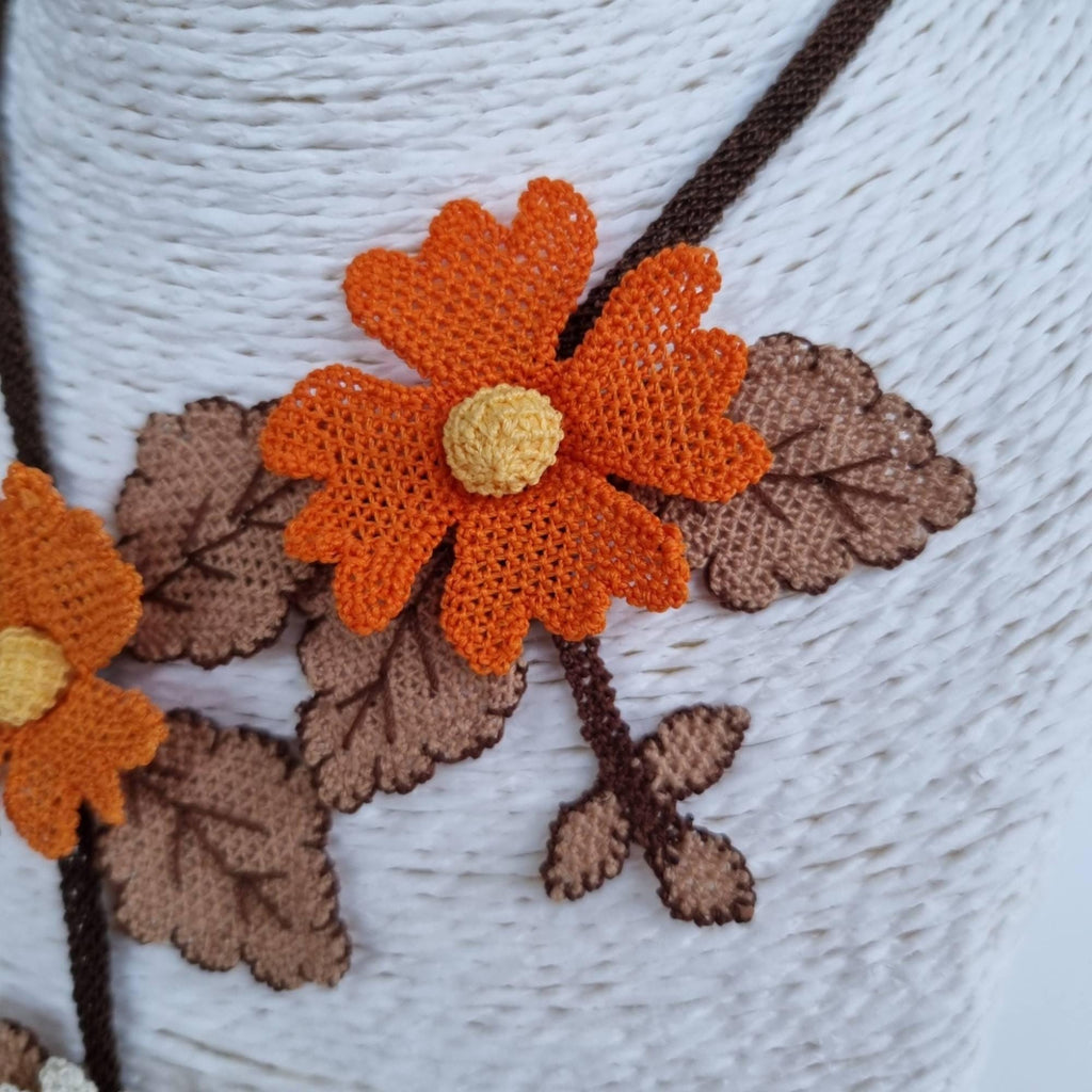 Handmade Orange & Cream Floral Necklace – Turkish Oya Crochet – Artificial Silk Jewelry – Lightweight – Unique Gift for Her