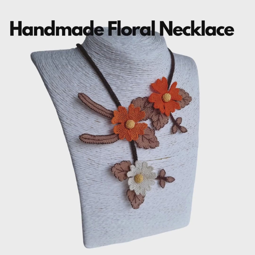 Handmade Orange & Cream Floral Necklace – Turkish Oya Crochet – Artificial Silk Jewelry – Lightweight – Unique Gift for Her
