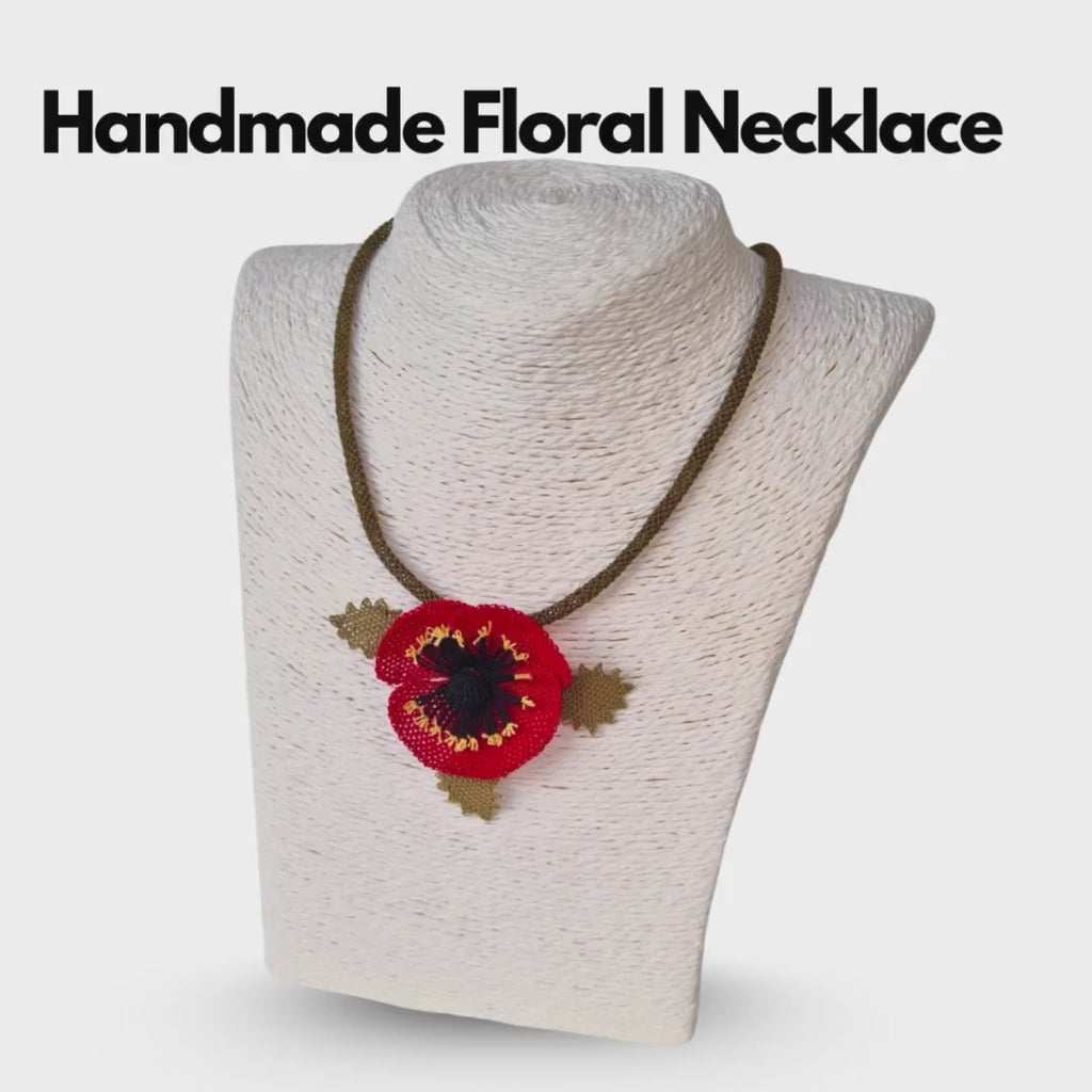 Handmade Red Floral Necklace – Turkish Oya Crochet – Artificial Silk Jewelry – Lightweight – Unique Gift for Her